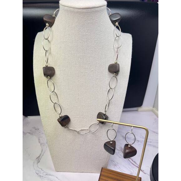 Vintage Silpada Sterling Silver Ebony Wood Station Necklace And Earring Set - Picture 1 of 10